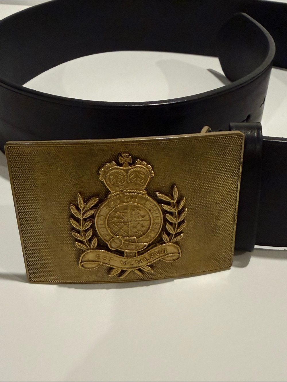 Collectible Brass Polo Ralph Lauren Black Leather Belt with Brass Crest Buckle